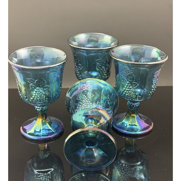 Vintage Indiana Glass Blue Iridescent Grape Goblets Set of 4 - 8 oz MCM - Picture 4 of 12